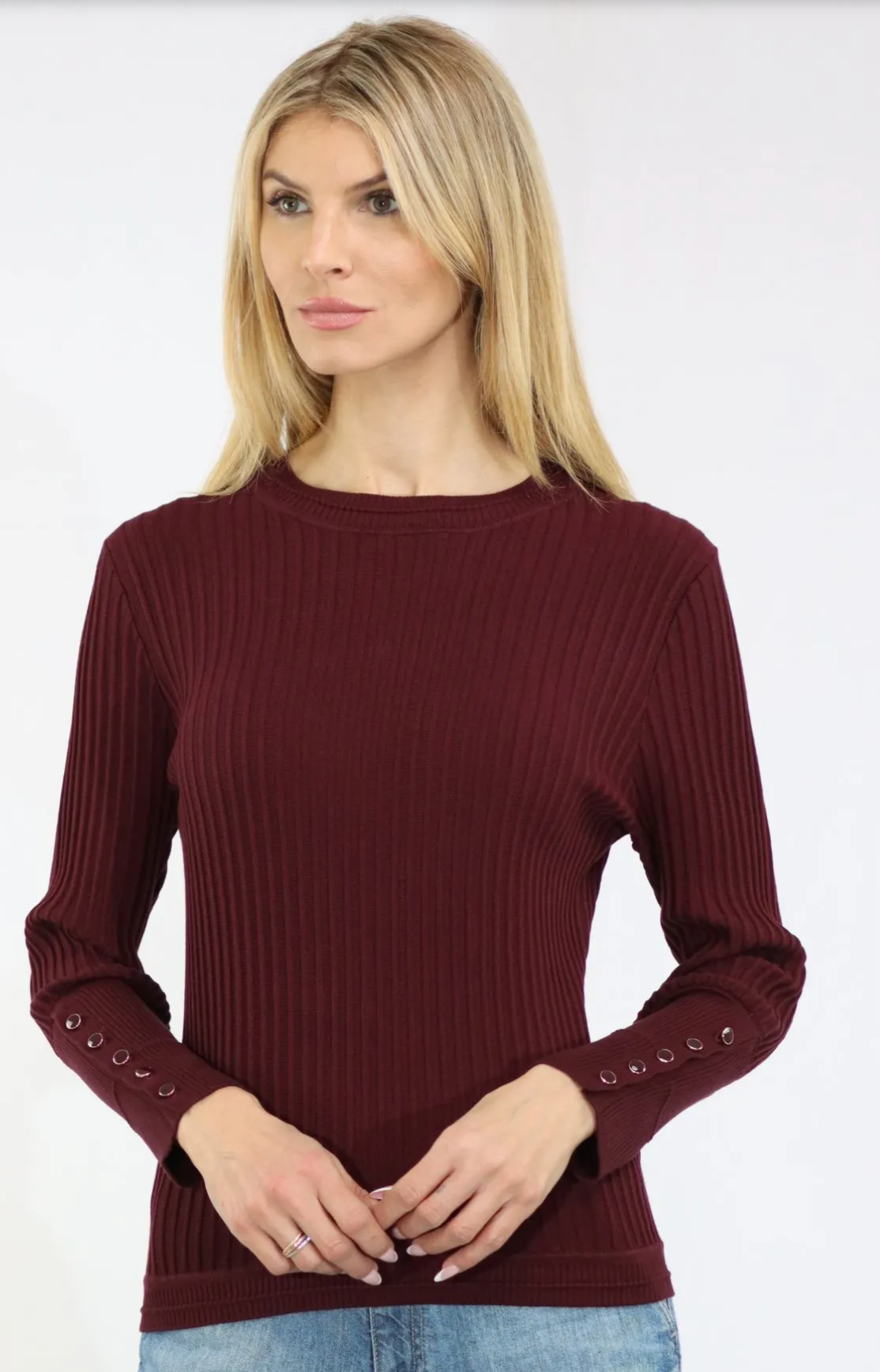 Vertical Texture Long Sleeve Sweater - Mauve Wine