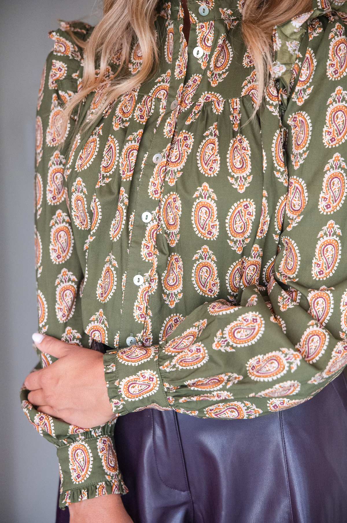 Paisley Print Button Down Shirt - Olive