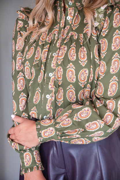 Paisley Print Button Down Shirt - Olive
