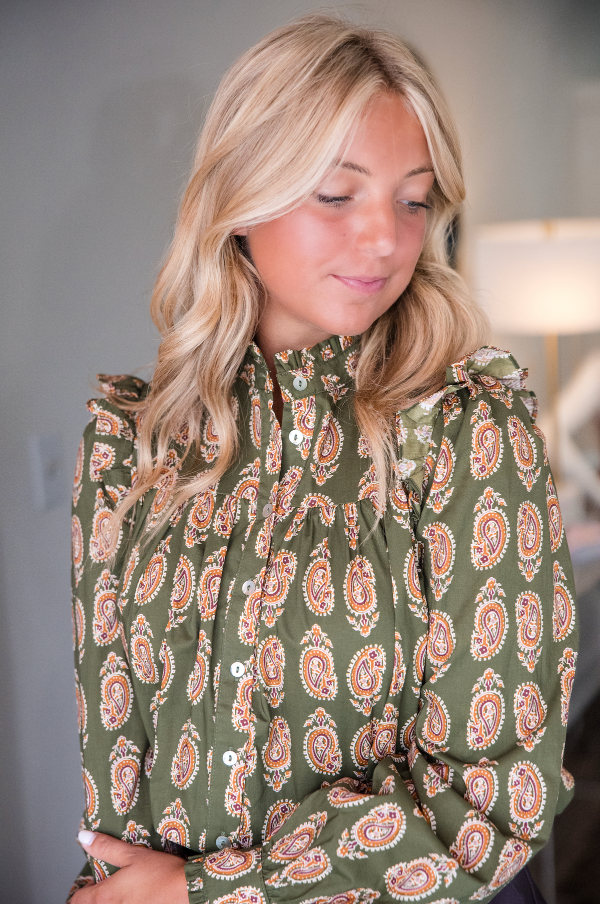 Paisley Print Button Down Shirt - Olive