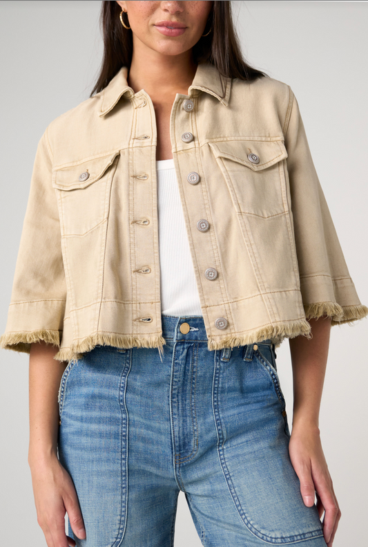 3/4 Sleeve Frayed Flounce Jacket - Light Khaki