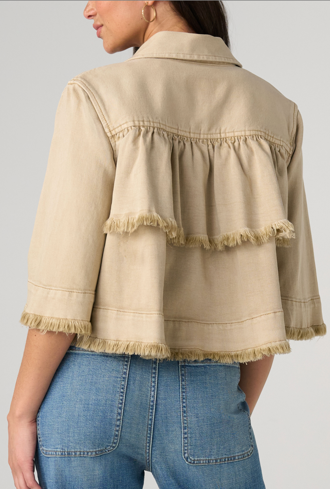 3/4 Sleeve Frayed Flounce Jacket - Light Khaki