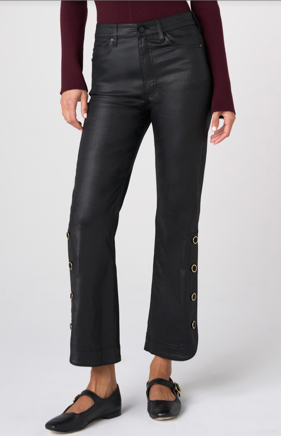 Hannah Crop Flare w/ Buttoned Slit Pant - Black Coated