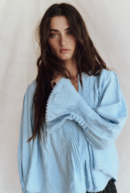 Free People Thousand Pintucks Blouse - Poplin Blue