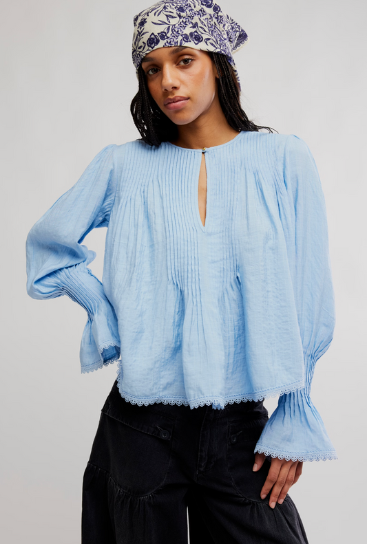 Free People Thousand Pintucks Blouse - Poplin Blue