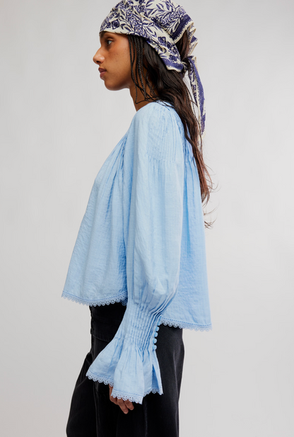 Free People Thousand Pintucks Blouse - Poplin Blue