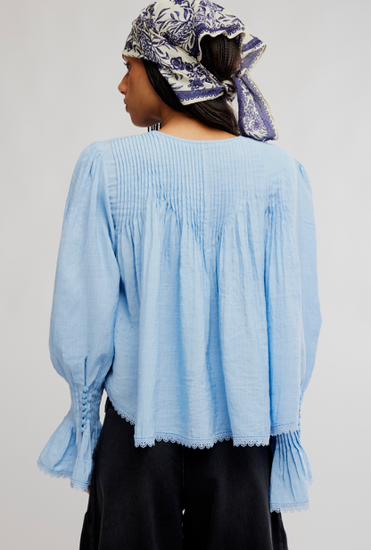 Free People Thousand Pintucks Blouse - Poplin Blue