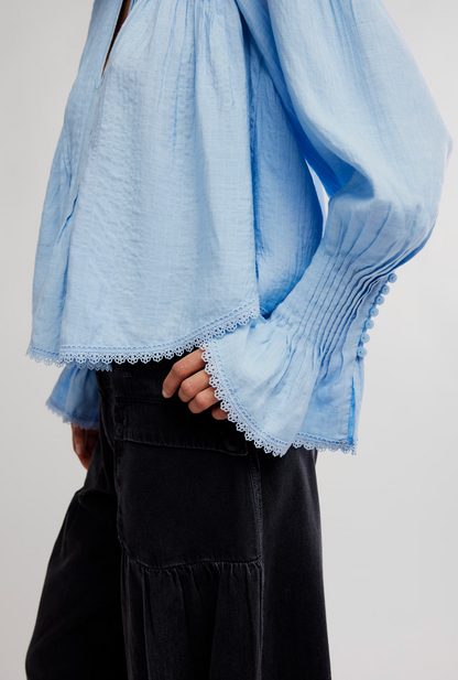Free People Thousand Pintucks Blouse - Poplin Blue