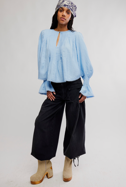 Free People Thousand Pintucks Blouse - Poplin Blue