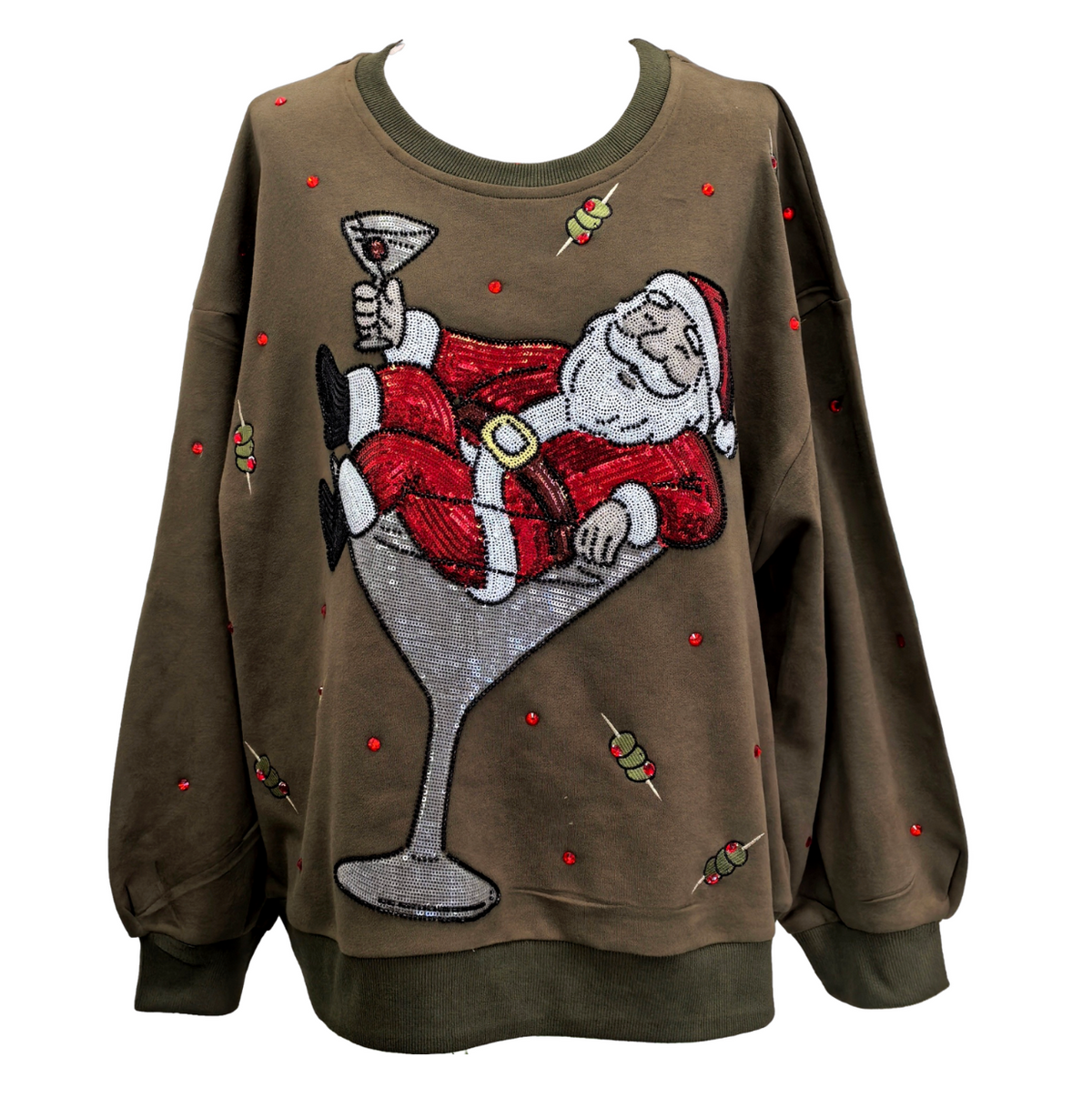 Queen of Sparkles Olive Green Santa in a Martini Glass Sweatshirt