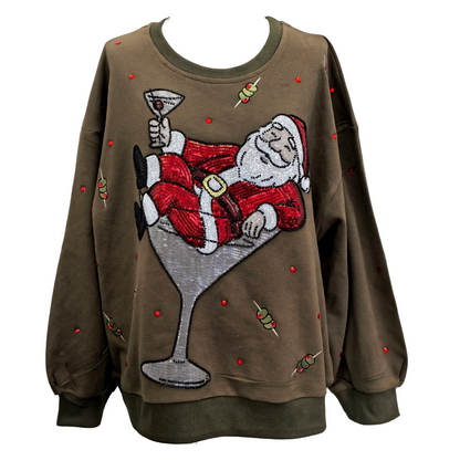 Queen of Sparkles Olive Green Santa in a Martini Glass Sweatshirt