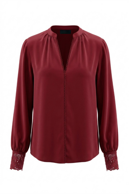 Lace Detail V-Neck Long Sleeve Blouse Top - Red
