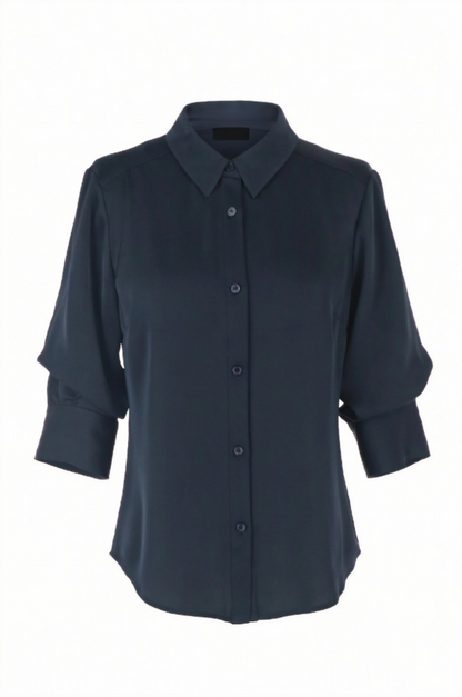 Satin 3/4 Sleeve Button-Down Shirt - Dark Navy