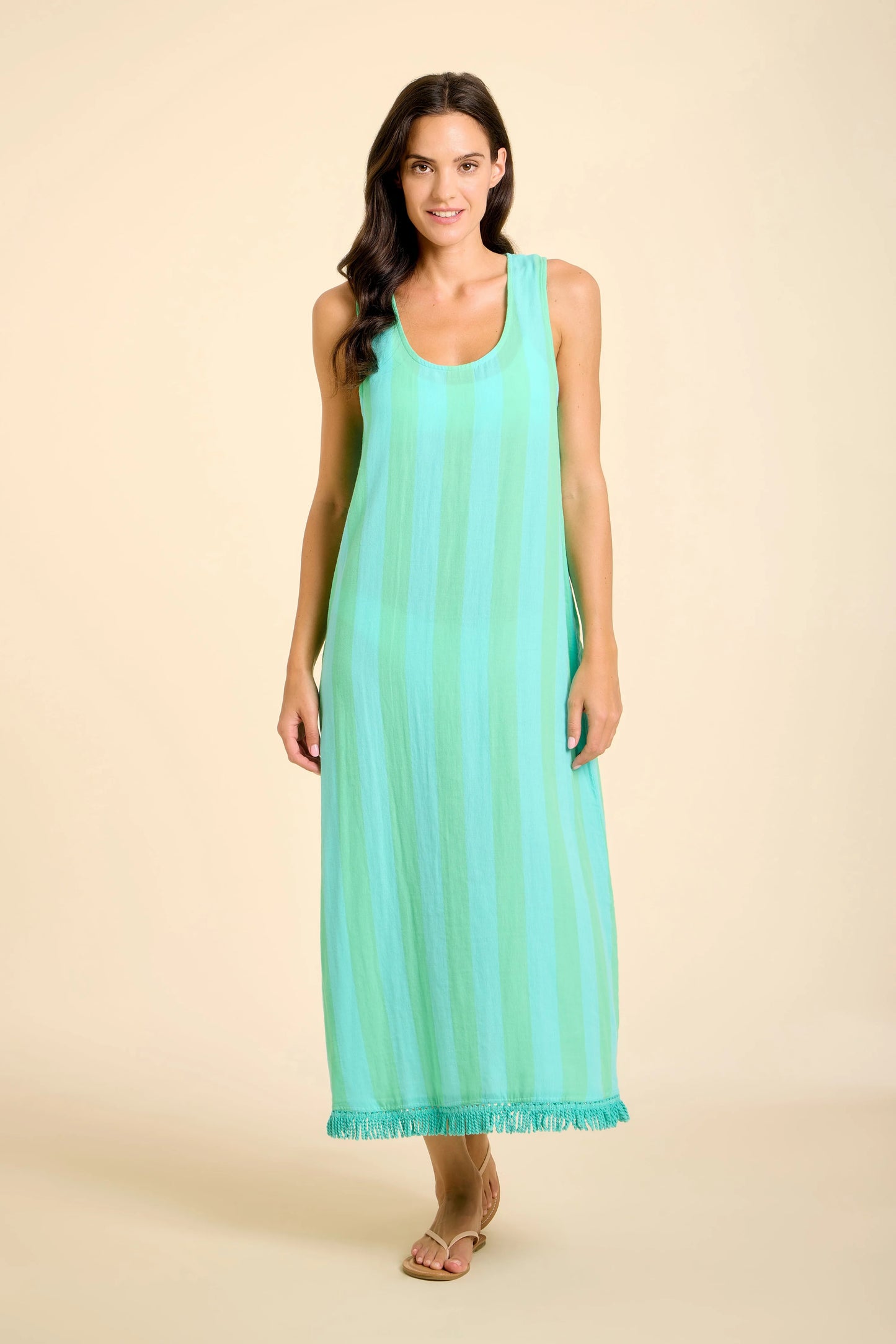 Positano Midi Tank Dress - Blue/Green Cabana Stripes
