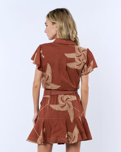 Renna Button Down Front Tie Shirt - Caramel
