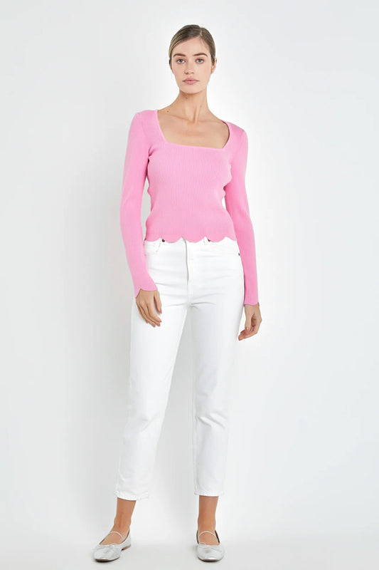 Scallop Hem Long Sleeve Sweater - Pink