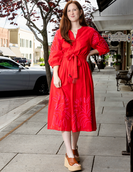 Eliza Embroidered Long Sleeve Midi Dress - Red/Pink