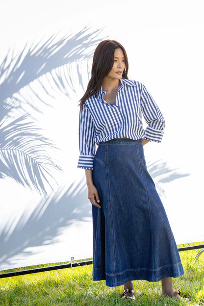 Krissa Denim Circle Midi Skirt - Deep Indigo