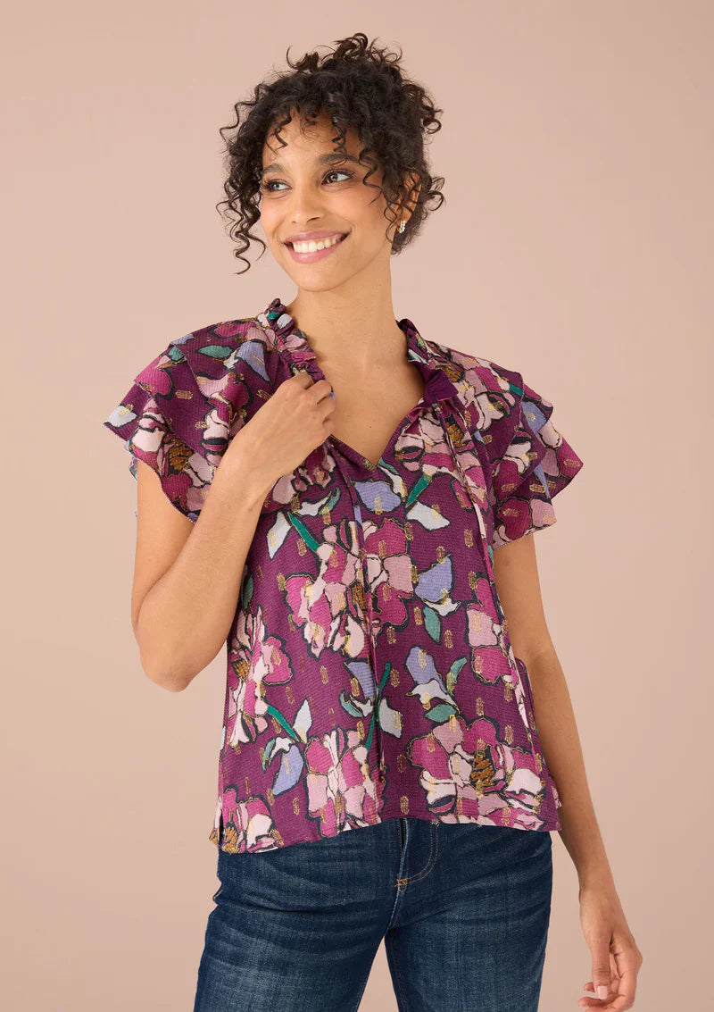 Veronica Top - Cranberry Stained Glass Floral