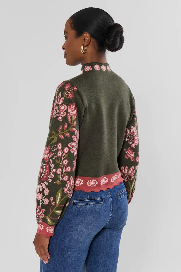 High Neck Long Sleeve Floral Sweater - Olive
