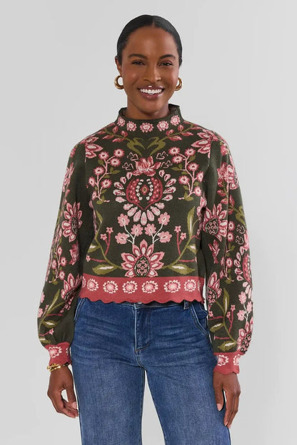 High Neck Long Sleeve Floral Sweater - Olive