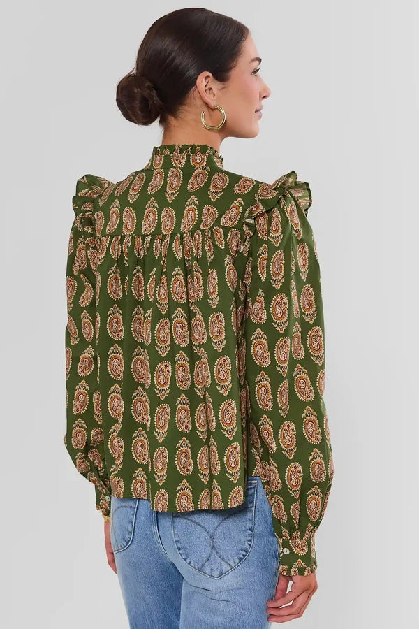 Paisley Print Button Down Shirt - Olive