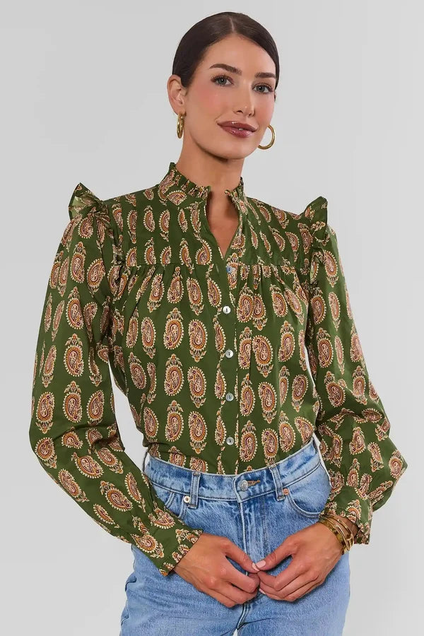 Paisley Print Button Down Shirt - Olive