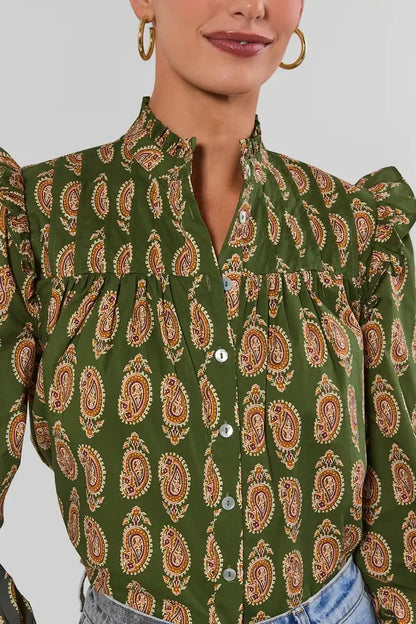 Paisley Print Button Down Shirt - Olive