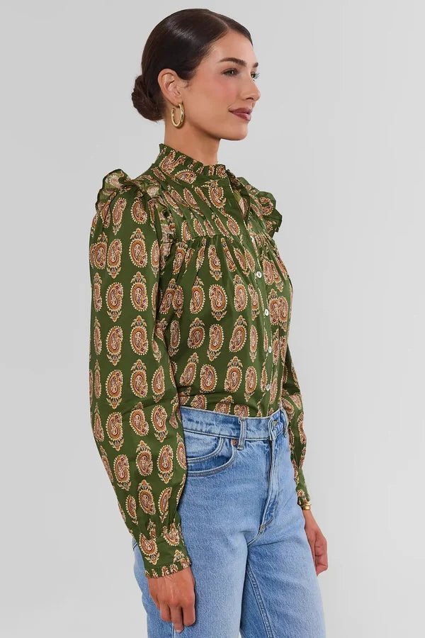 Paisley Print Button Down Shirt - Olive