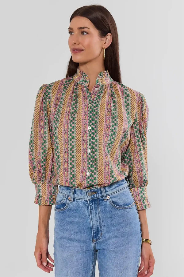 Floral Botanical Print Button Down Blouse - Green Multi