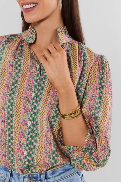 Floral Botanical Print Button Down Blouse - Green Multi