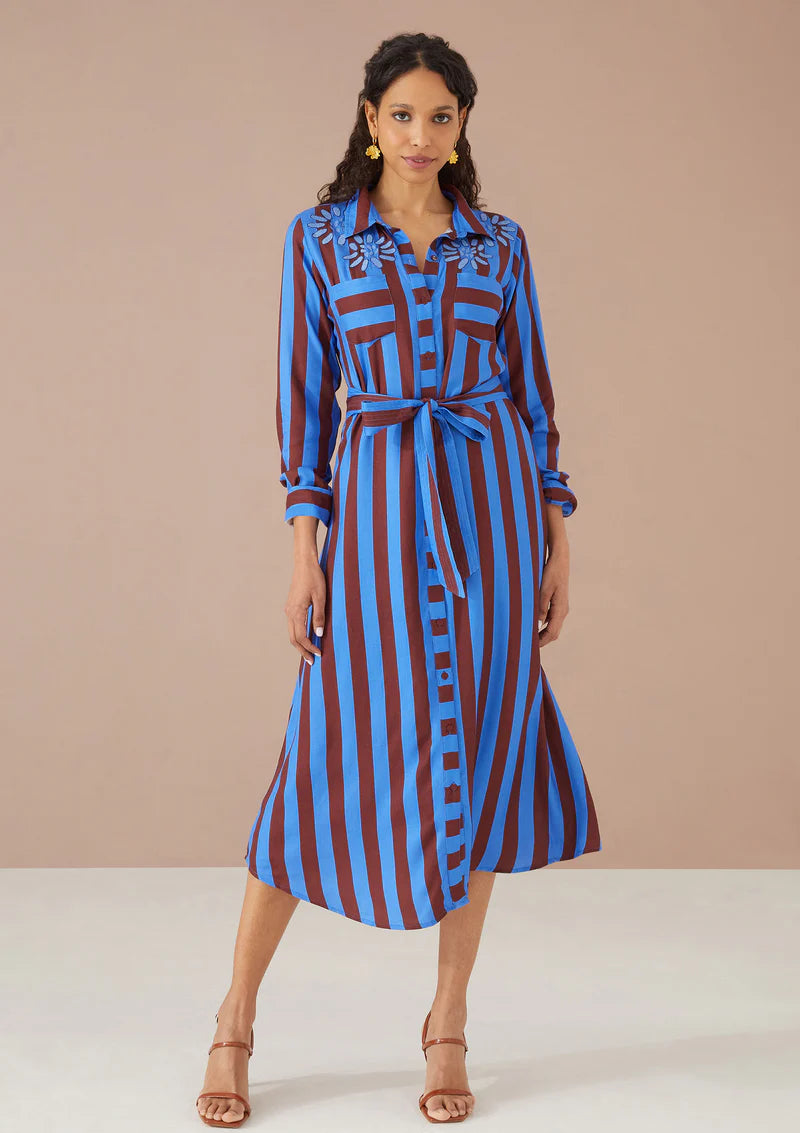 Waverly Dress - Parasol Stripe Cinnamon Blue