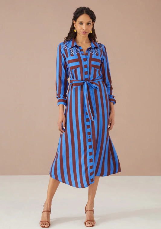 Waverly Dress - Parasol Stripe Cinnamon Blue