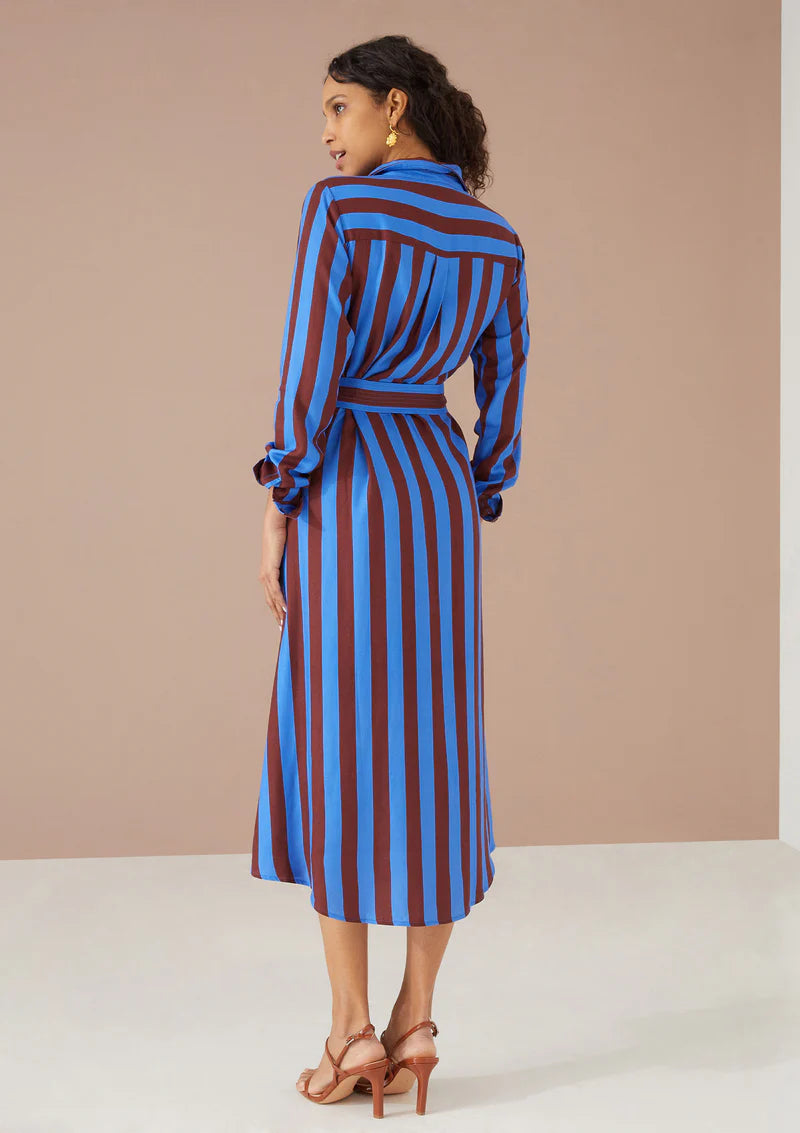 Waverly Dress - Parasol Stripe Cinnamon Blue