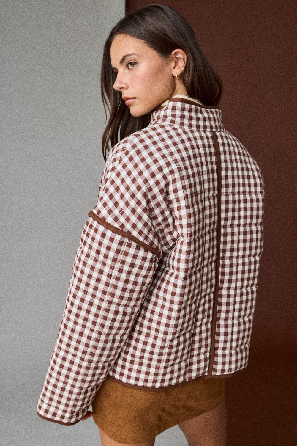 Gingham Quilted Jacket - Brown