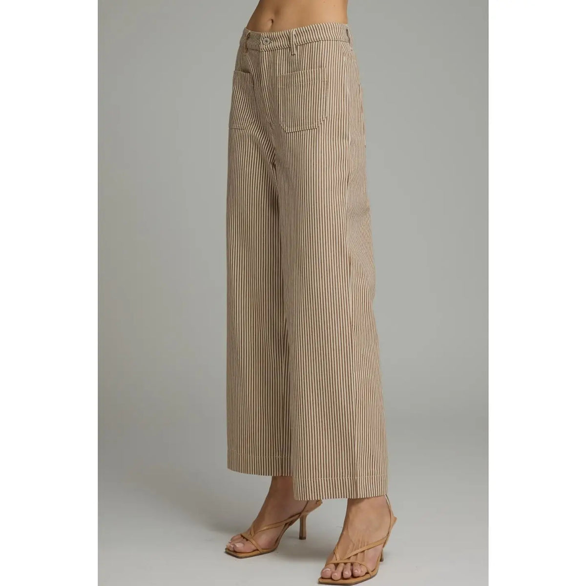 Striped Wide Leg Cropped Pants - Brown