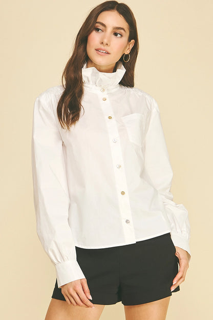 Ruffled High-Neck Button Down Shirt - Off White