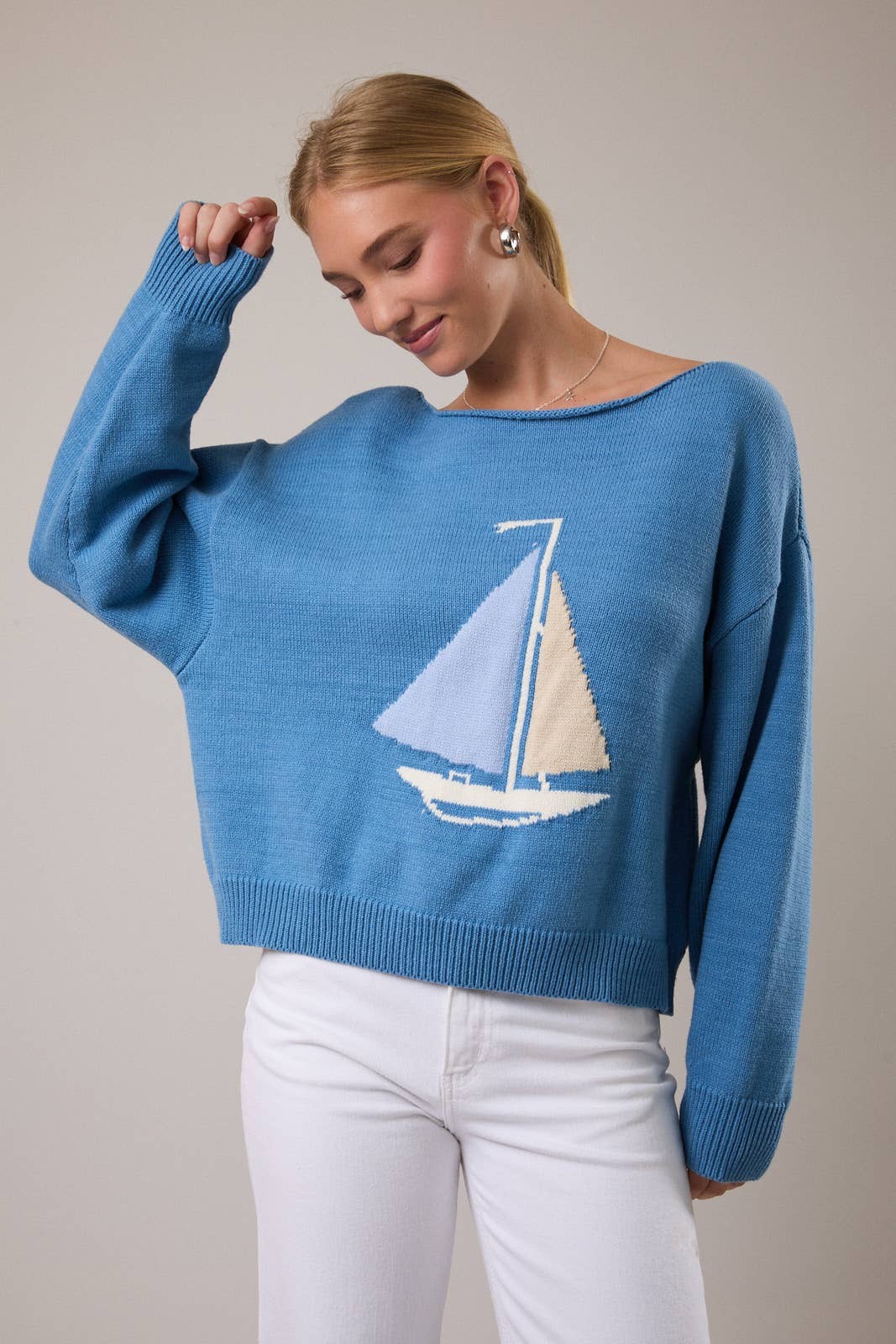 Boat Neck Sweater Top - Blue