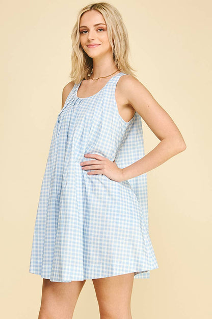 Gingham A-Line Mini Dress - Baby Blue