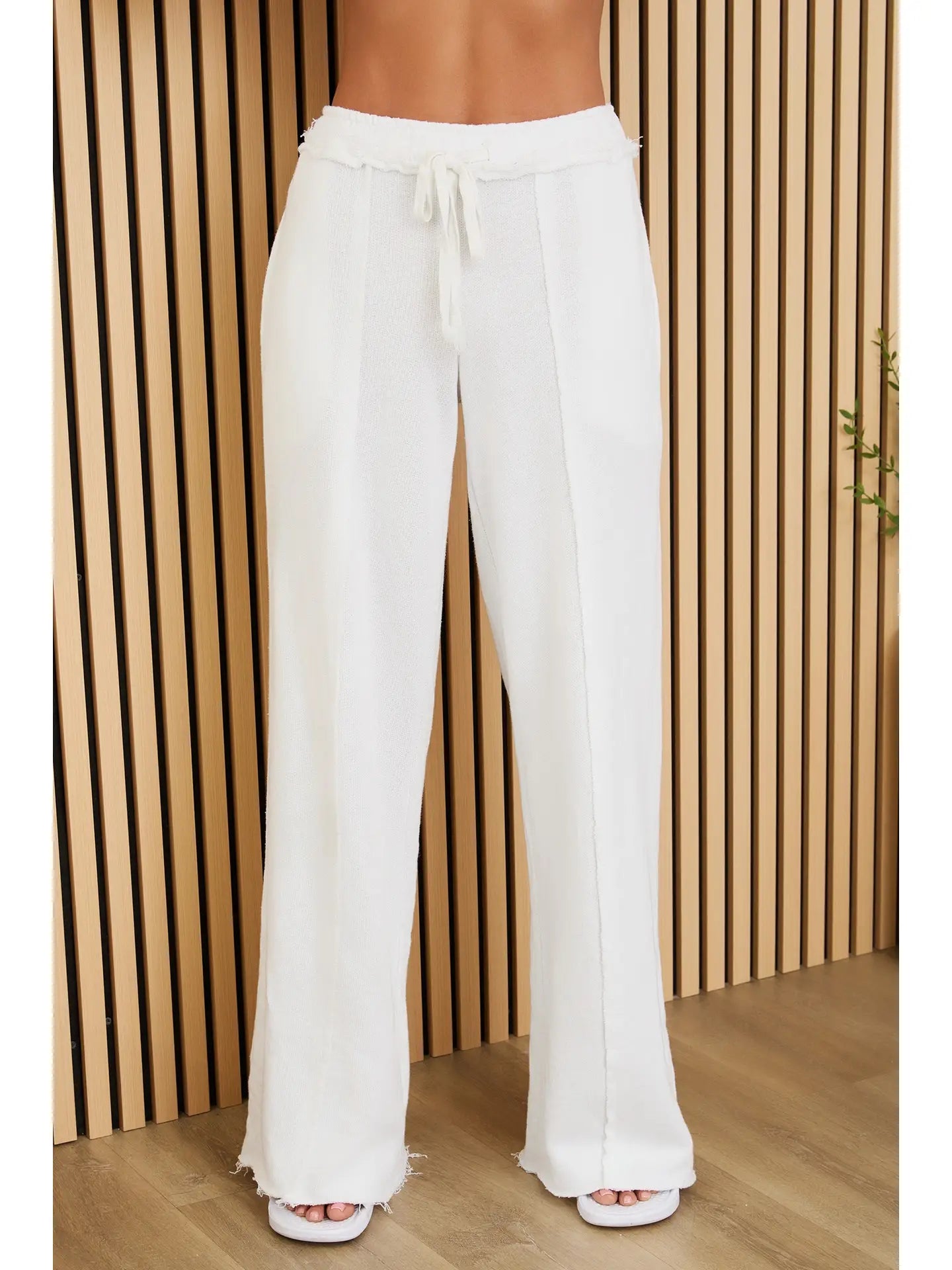 Raw Edge Elastic Waist Pants with Drawcord - White