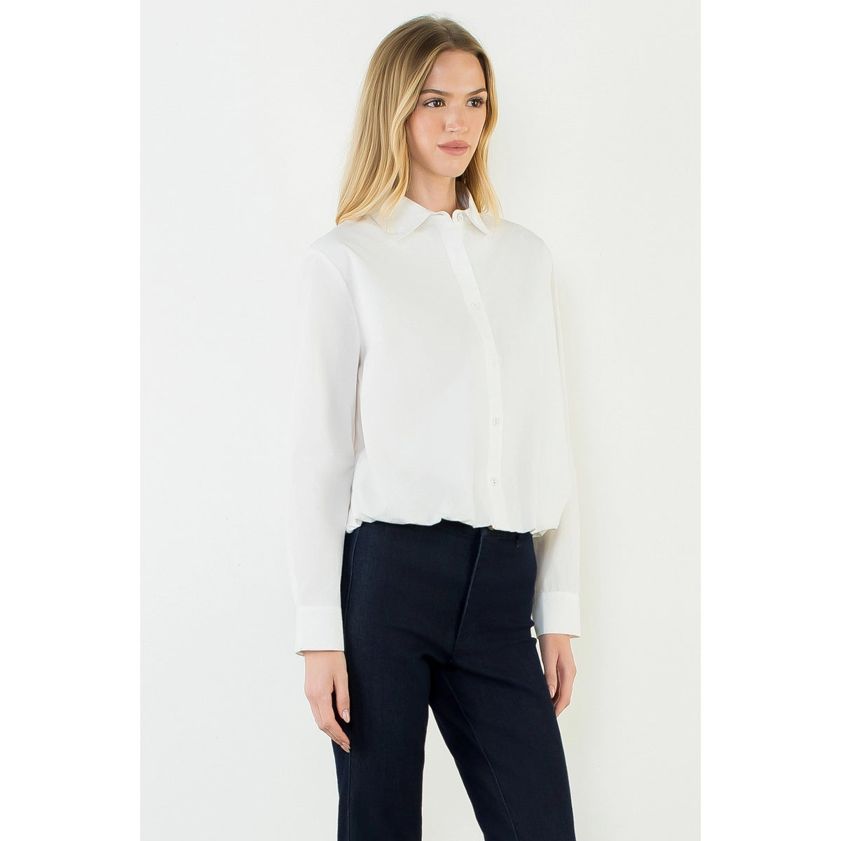 Long Sleeve Cinched Button Down Top - White