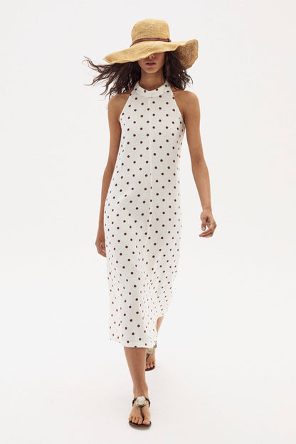 Olivia Linen Dress - Brown Polka Dots