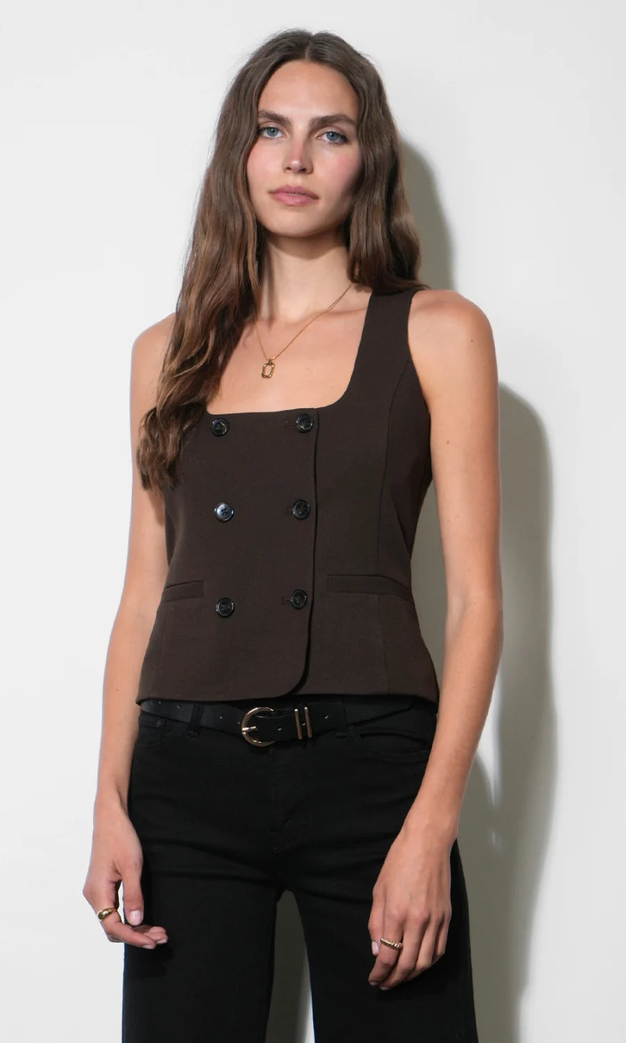 Zora Square Neck Double Breasted Vest - Cocoa