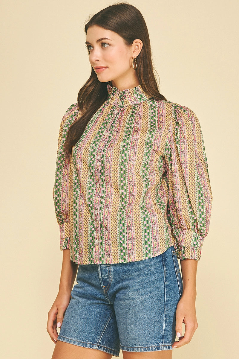 Floral Botanical Print Button Down Blouse - Green Multi