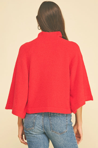 Wide Sleeve Mock Neck Sweater - Red