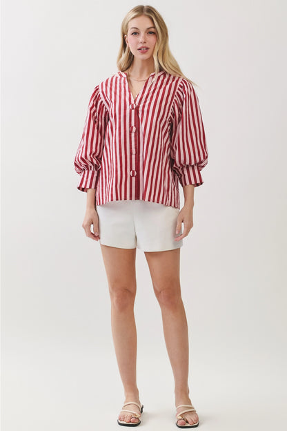 Stripe Bishop Sleeve Blouse - Pink/Wine