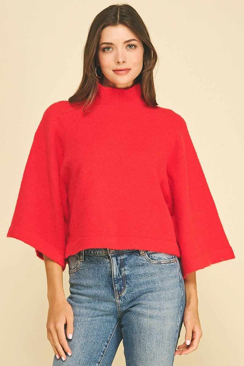 Wide Sleeve Mock Neck Sweater - Red