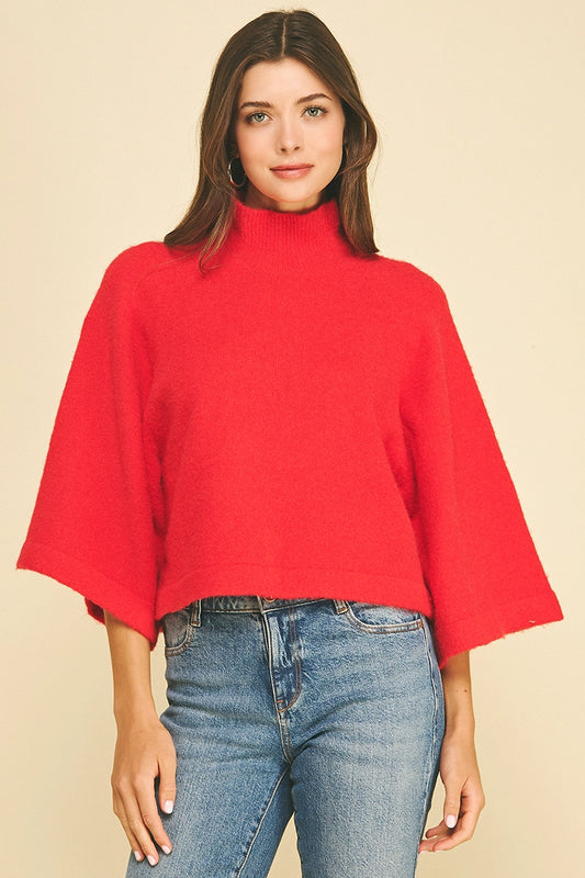Wide Sleeve Mock Neck Sweater - Red