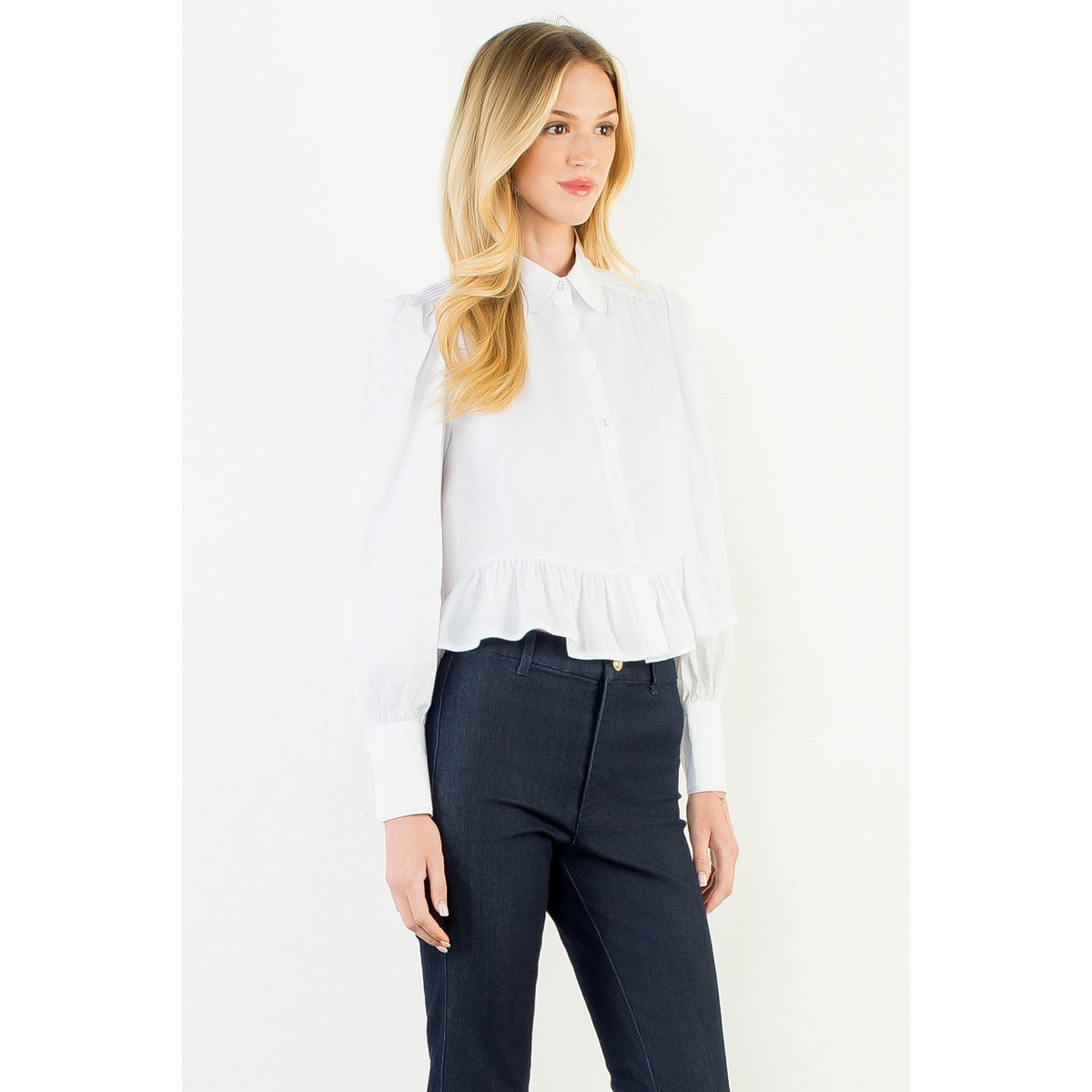 Button Up Long Sleeve Ruffle Hem Top - White