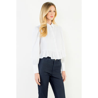Button Up Long Sleeve Ruffle Hem Top - White